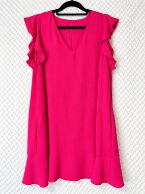 Bright Pink V-Neck Ruffle Sleeve Dress